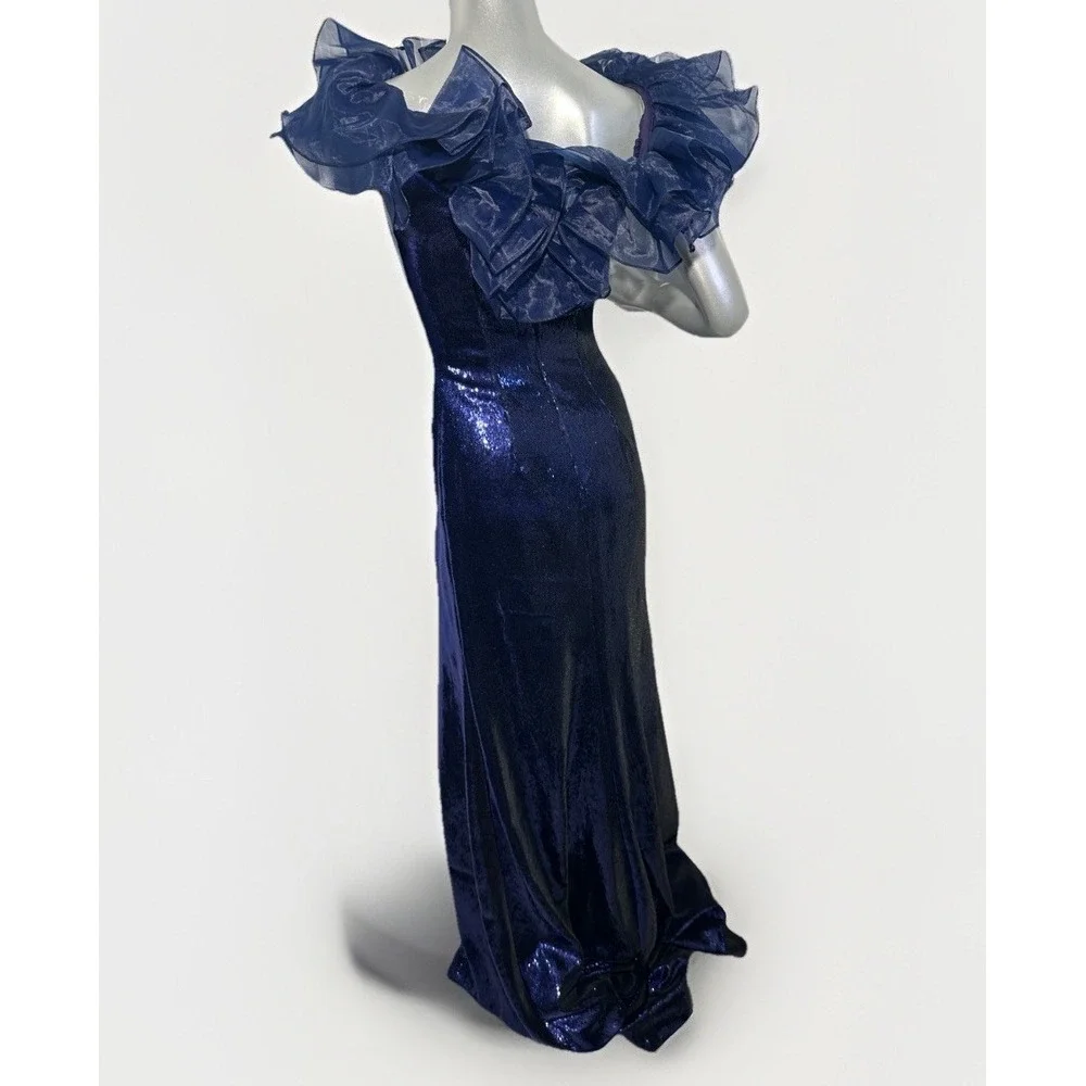 Sherri Hill 55328 Navy Blue Sequin Off-The-Shoulder Ruffle Gown – Size 00